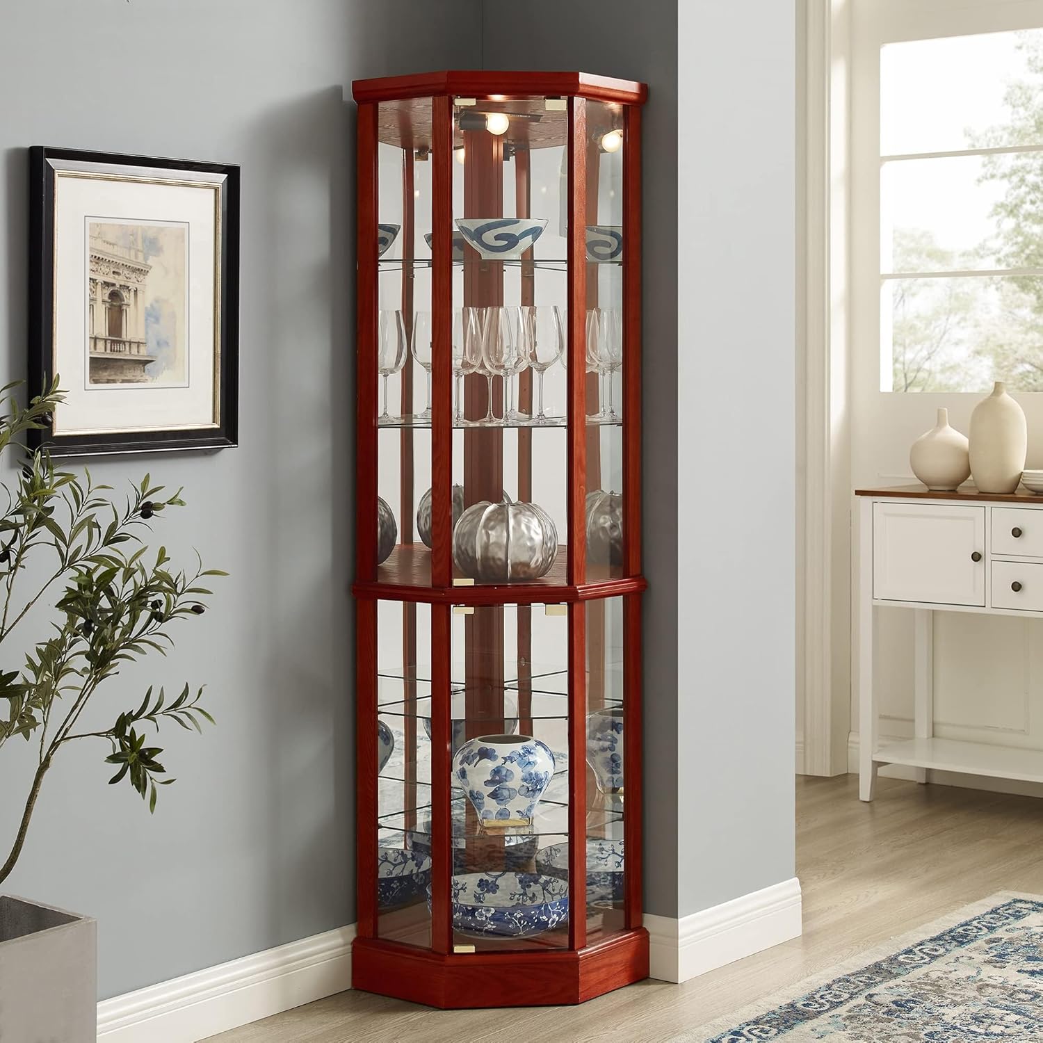 Corner Curio Cabinet, 70" Tall Lighted Glass Display Cage with Tempered Glass Doors and 5 Adjustable Shelves, Wine Bar China Cabinet for Living Room (E26 Bulb Not Inclued) (Cherry & Style 2)