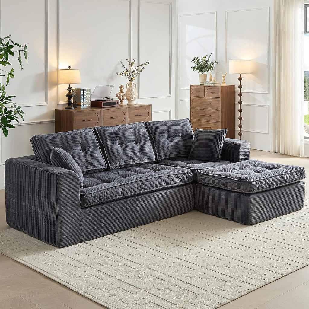 ROXGOX Modular Sectional Sofa, Modern Boneless Couch with L-Shape Chaise, Home Sectional Comfy Sofa Set for Living Room Bedroom and Floor, Plush Corduroy, No Assembly Required (Gray)
