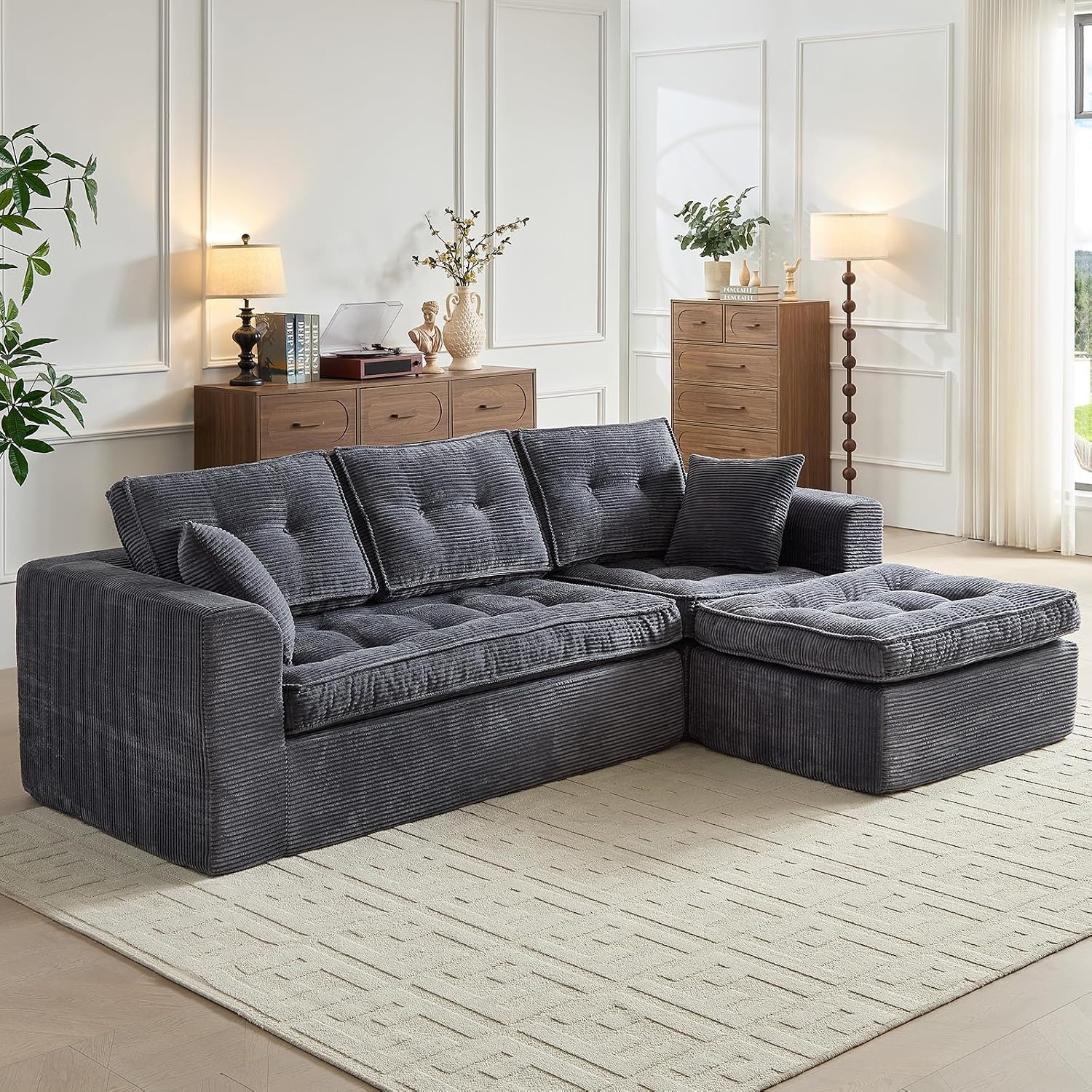 ROXGOX Modular Sectional Sofa, Modern Boneless Couch with L-Shape Chaise, Home Sectional Comfy Sofa Set for Living Room Bedroom and Floor, Plush Corduroy, No Assembly Required (Gray)