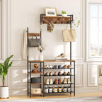 HOOBRO Hall Tree with Bench, Entryway Bench with Coat Rack, Shoe and Coat Rack for Entryway, Coat Rack with Shoe Storage and Reversible Storage Shelves, Rustic Brown BF105MT01