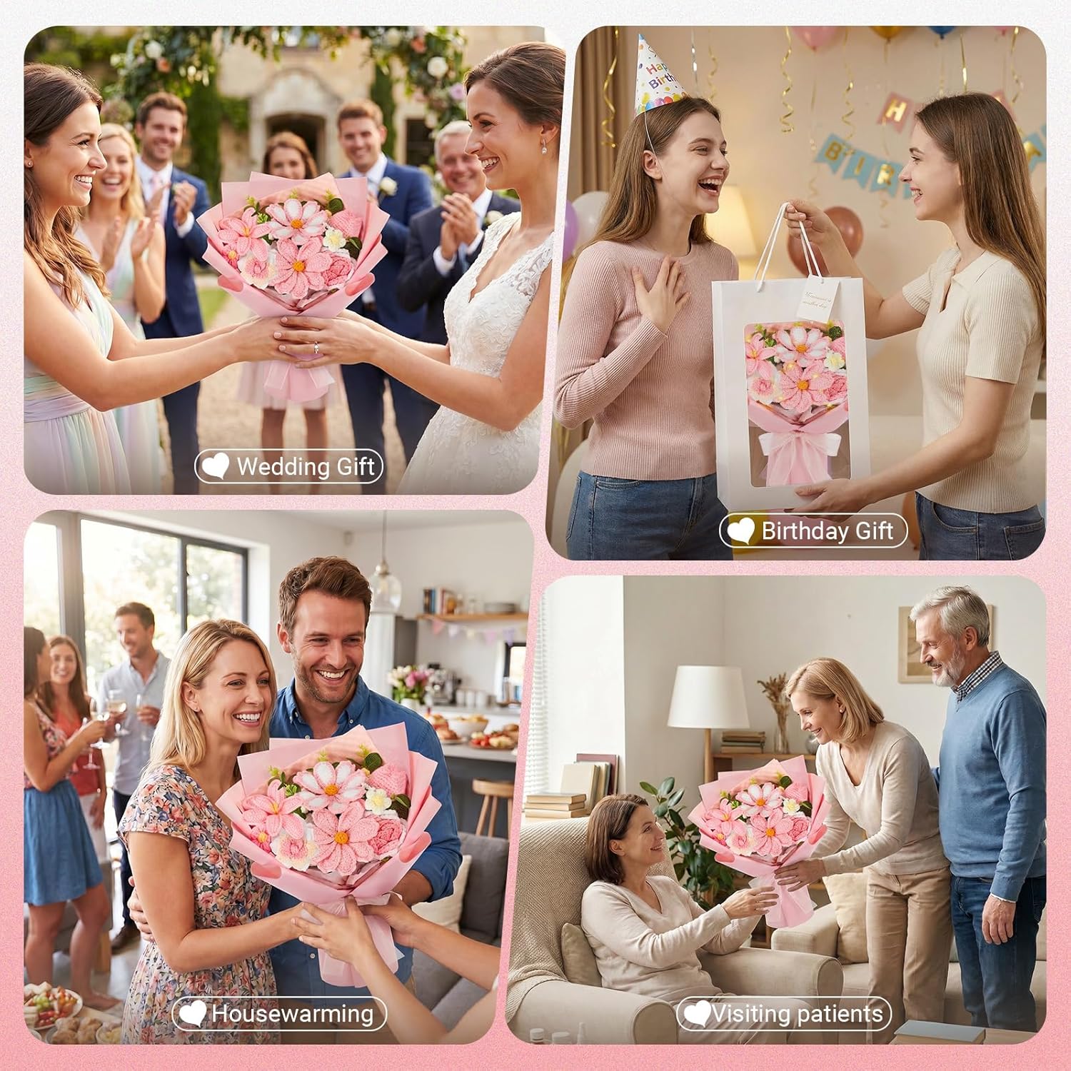 Crochet Flower Bouquet, Pink Handmade Knitted Flowers with Lights & Vase, Crochet Tulips Galsang Liliy Rose Daisy Flower for Mothers Day Graduation Wedding Lover Teacher Anniversary Birthday Gifts