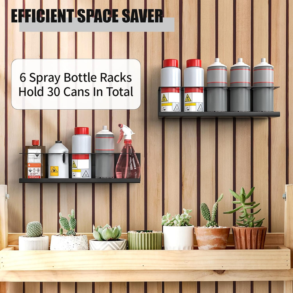 Riciakik 6 Pack Spray Bottle Holder Wall-Mounted, Aerosol Spray Can Holder Storage Rack, Heavy-Duty Paint Bottle Organizer with 30 Holes, Steel Black Spray Rack for Garage, Shop, Home or Tool Trailer