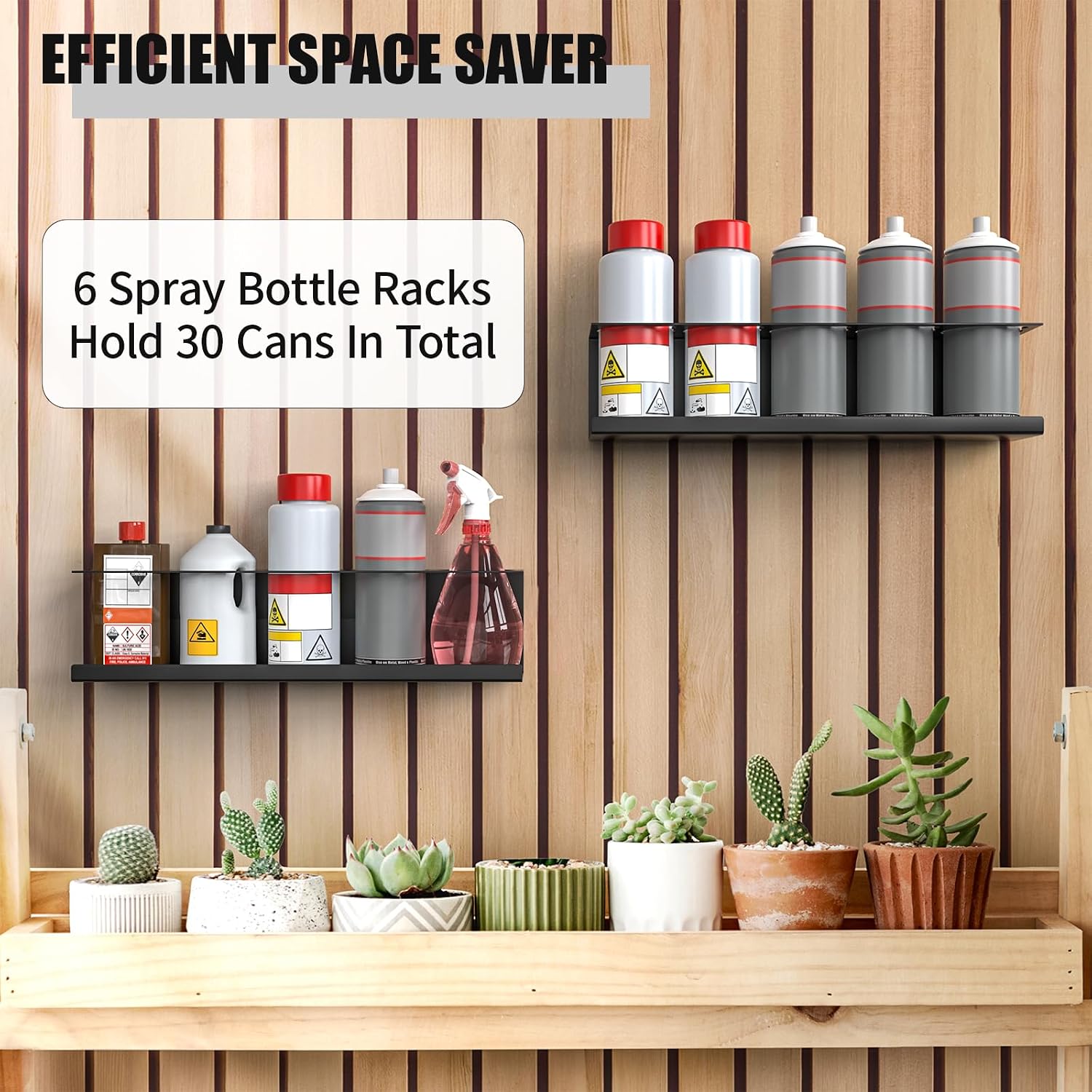 Riciakik 6 Pack Spray Bottle Holder Wall-Mounted, Aerosol Spray Can Holder Storage Rack, Heavy-Duty Paint Bottle Organizer with 30 Holes, Steel Black Spray Rack for Garage, Shop, Home or Tool Trailer