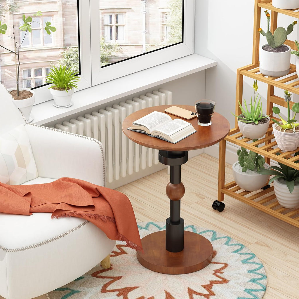 Round End Table, 100% Solid Wood Mid Century Modern Pedestal Side Table, Small Accent Table for Living Room,Bedroom,Balcony, Walnut Finish