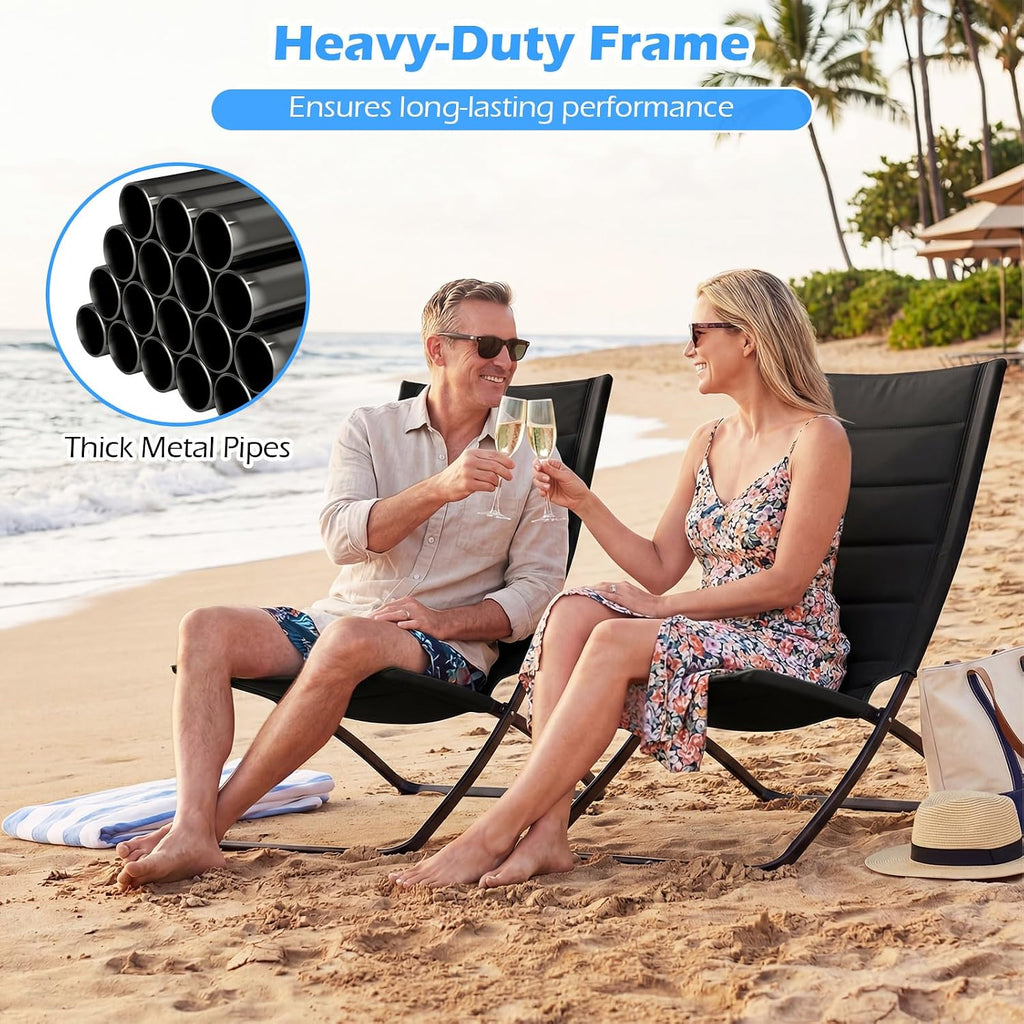 Set of 2 Folding Outdoor Chairs, Portable Padded Sling Lounger for Beach, Garden, Patio, Lawn, Poolside - Comfortable Recliner in Black Black 90 x 57 x 87cm