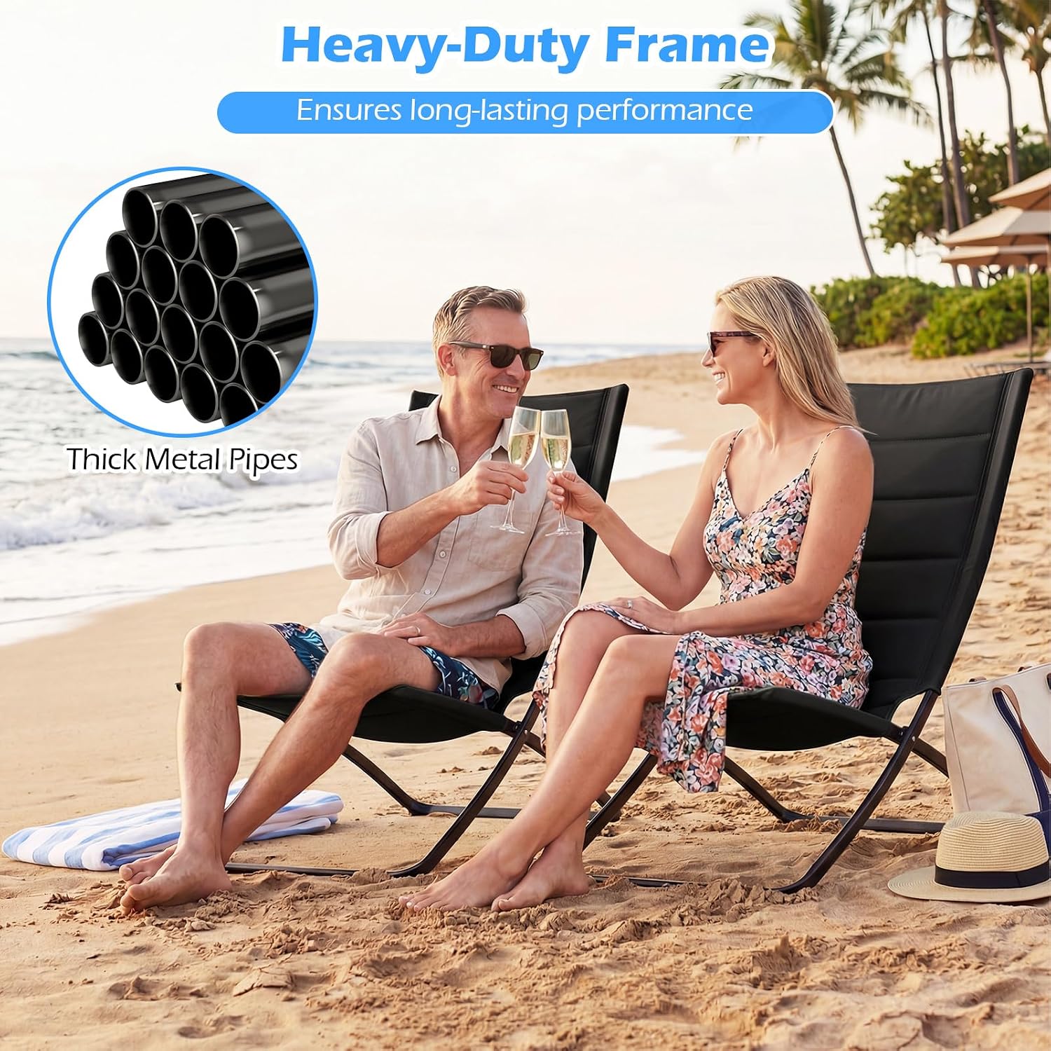 Set of 2 Folding Outdoor Chairs, Portable Padded Sling Lounger for Beach, Garden, Patio, Lawn, Poolside - Comfortable Recliner in Black Black 90 x 57 x 87cm