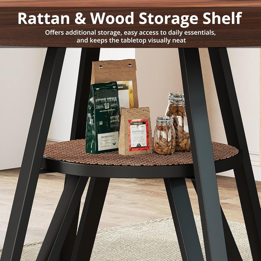 LIKIMIO 47.2" Round Dining Table for 4, Kitchen Table with Rattan Storage Shelf, Space Saving, Farmhouse Wood for Dining Room, Living Room,Walnut
