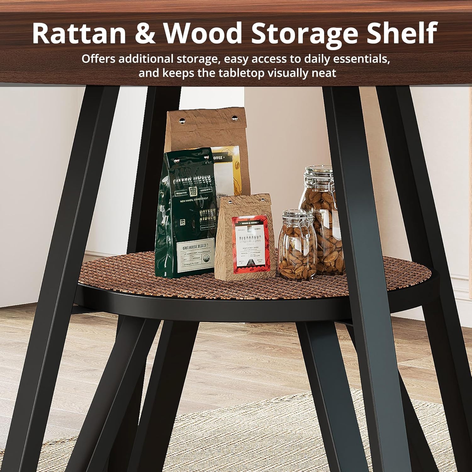 LIKIMIO 47.2" Round Dining Table for 4, Kitchen Table with Rattan Storage Shelf, Space Saving, Farmhouse Wood for Dining Room, Living Room,Walnut