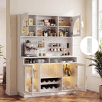 71" Tall Kitchen Pantry Storage Cabinet with LED Lights & Charging Station, Farmhouse Coffee Bar Cabinet with Adjustable Shelves & Pegboard, Pantry Cabinet with Countertop & Microwave Stand (White)
