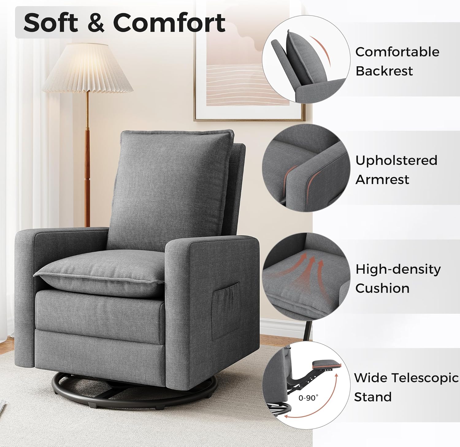 Amopatio Nursery Rocking Recliner, 360° Swivel Glider Chair with Adjustable Backrest, 20° Rocking Nursing Chair, High-Density Cushion Lounge Chair for Nursery Living Room Reading Rest(300 LBS)