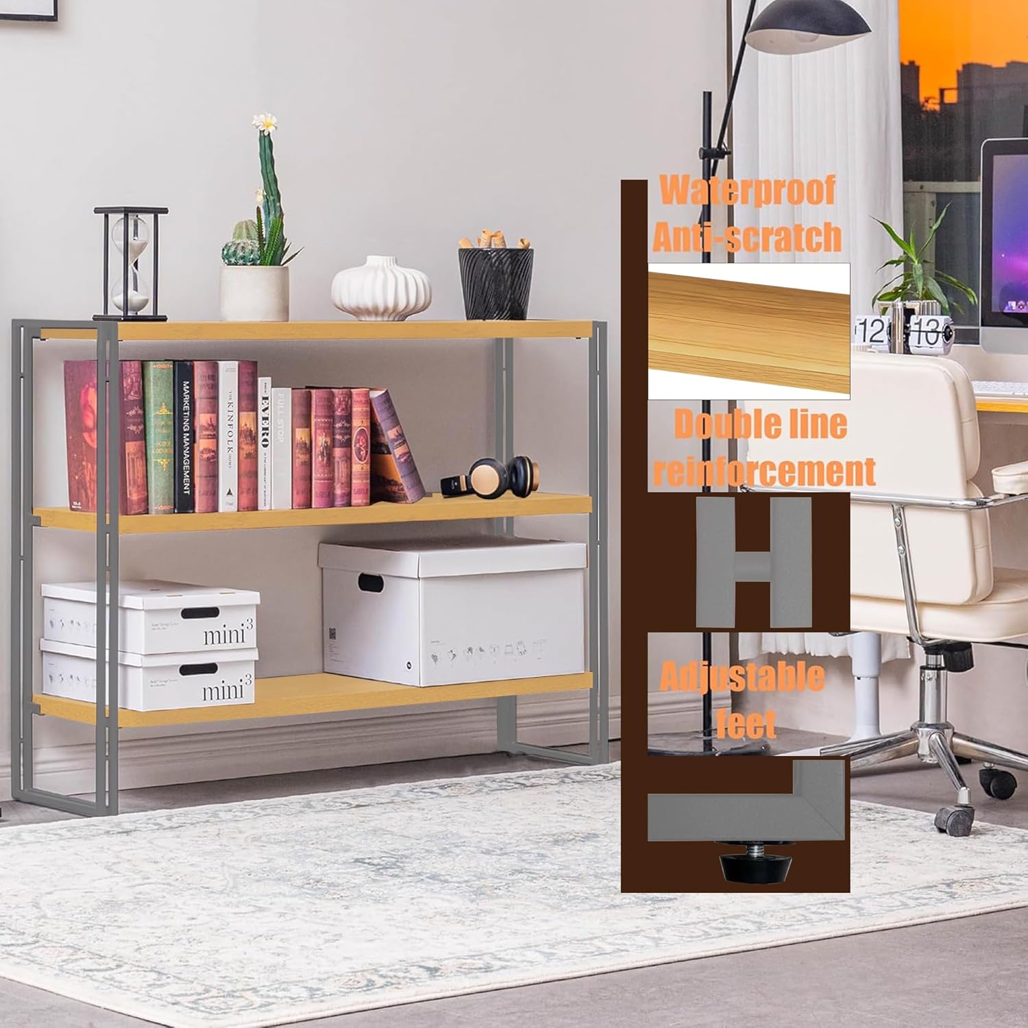 J.M.Deco 3-Tier Industrial Ladder Shelf, 44" Rustic Wood and Metal Open Bookshelf, Heavy Duty Wall Mounted Bookcase Shelving Unit for Small Space, Living Room, Bedroom, Home Office
