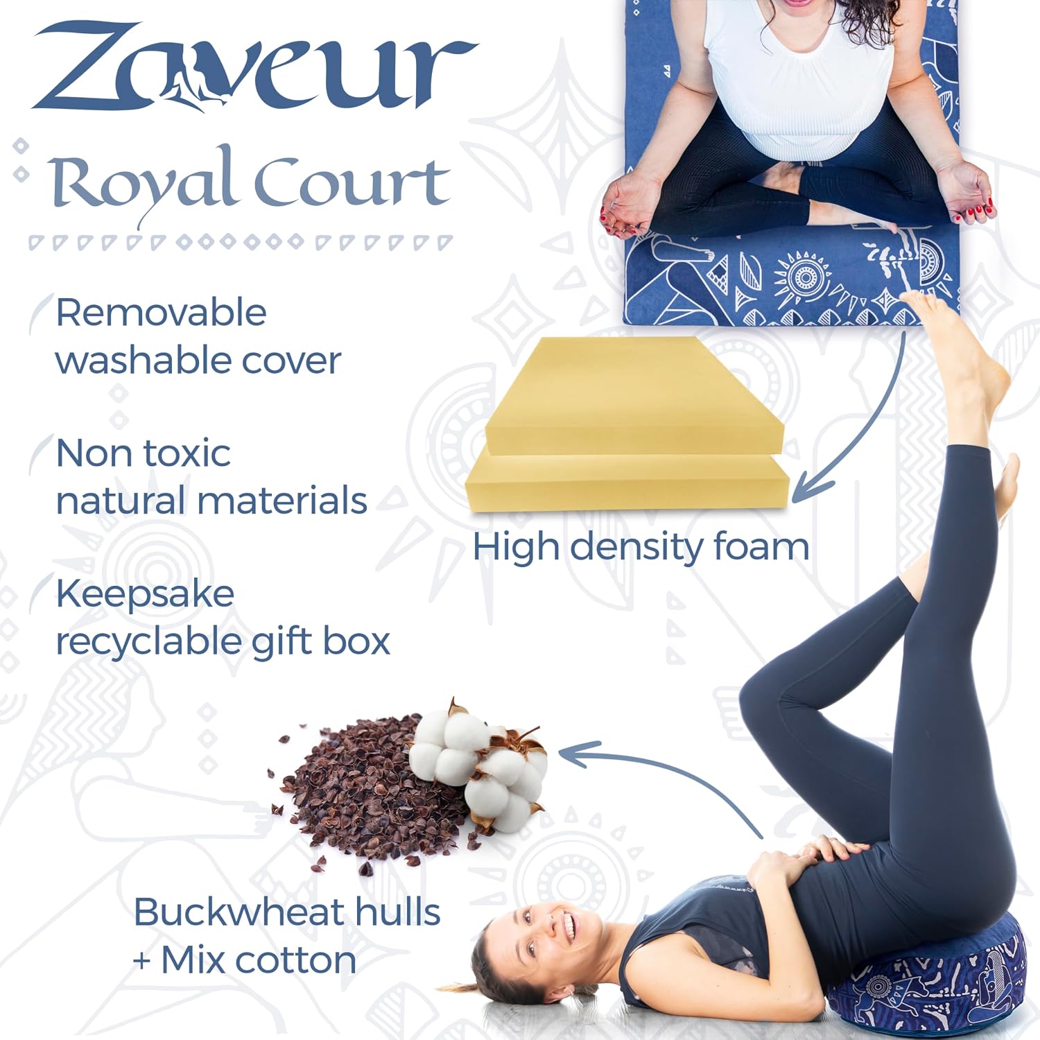 Zaveur Royal Court Meditation Mat With Velvet Cover - 24" x 24" Square Zabuton Thick Yoga Mat - Non Slip Exercise Mat for Home Workout - Thick Foam Exercise Floor Mat for Zafu or Bench