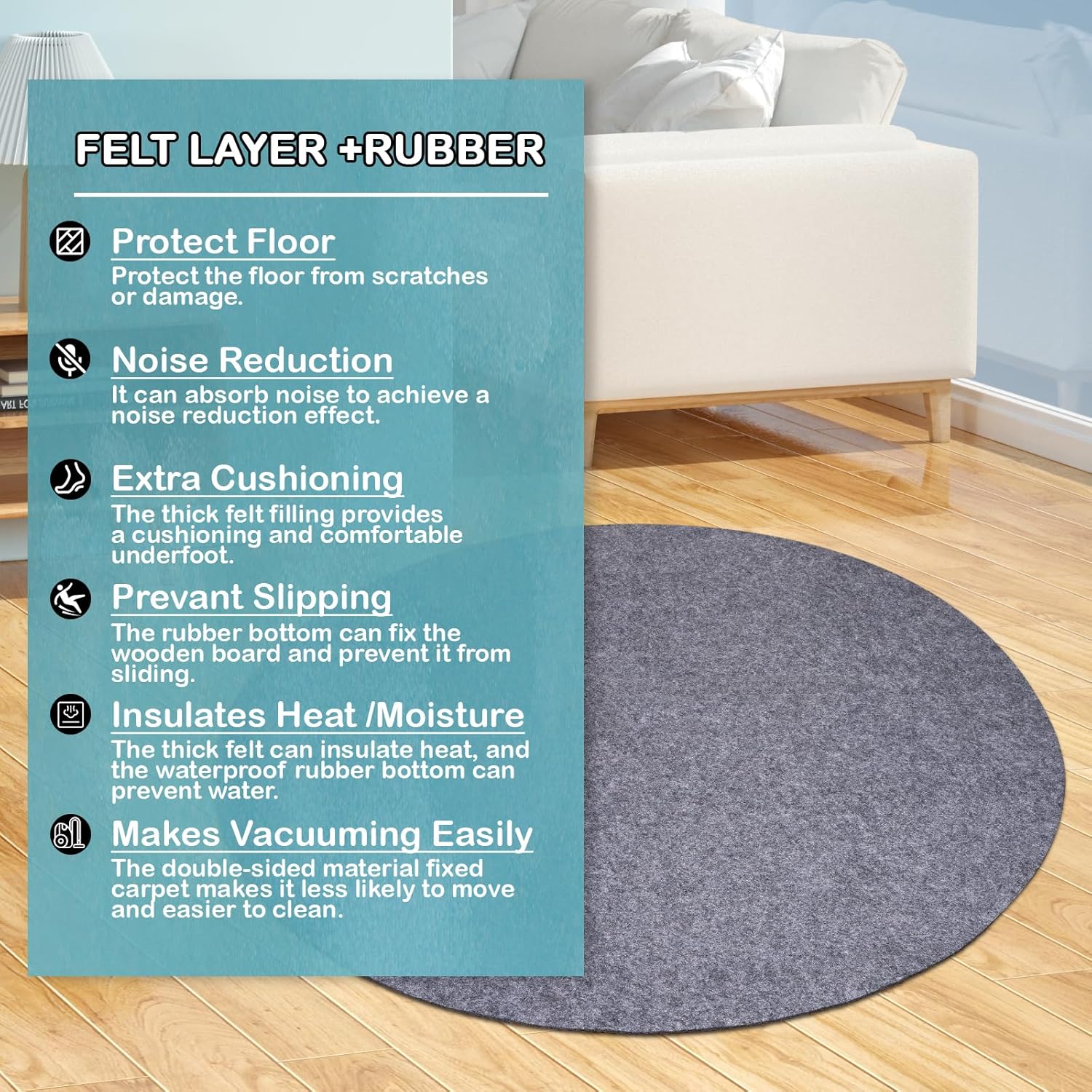 Waterproof Rug Pad Round 1/4Thick Waterproof Non-Slip Rug Pad,Pad for Hardwood Floors,Rug Pads for All Floors and Finishes, Keeps Carpets in Place Soft and Safe（5FT）