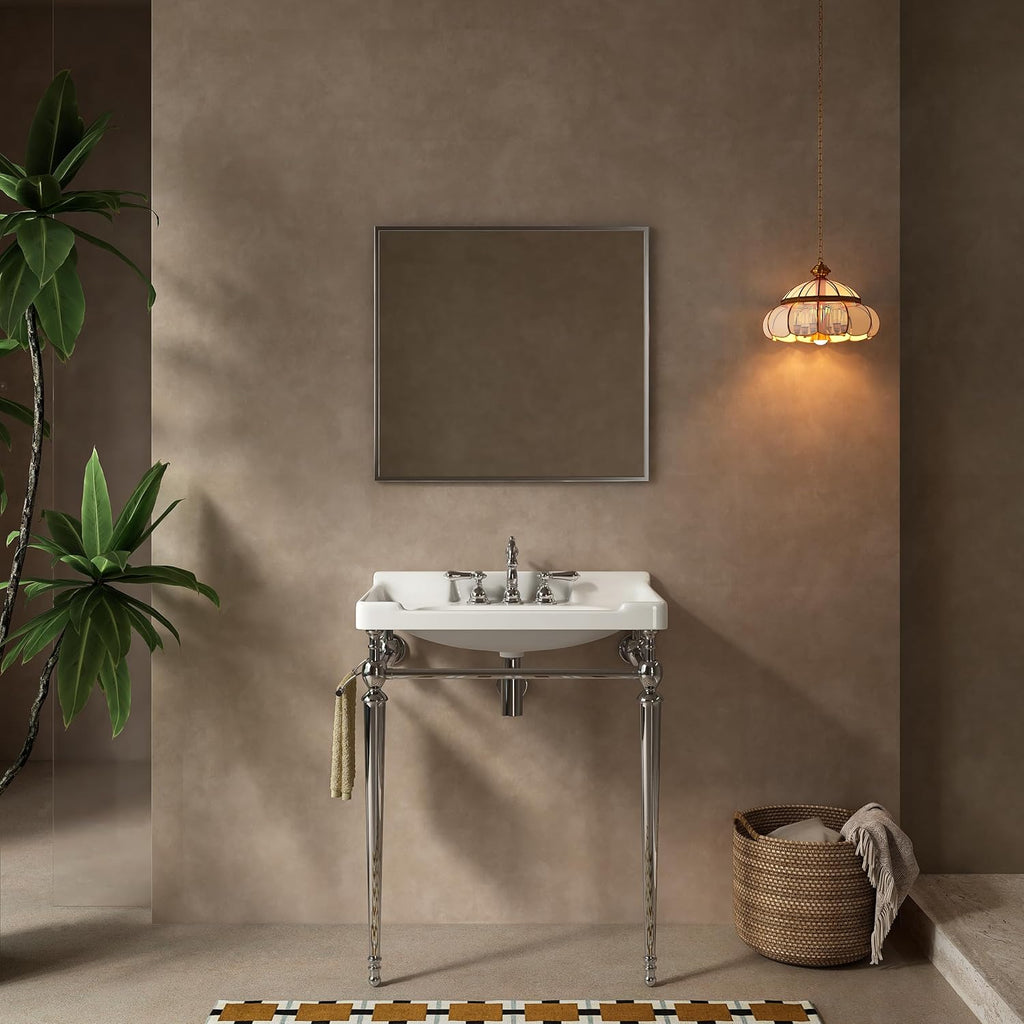 28 Inch Console Bathroom Vanity with Ceramic Sink, Open-Frame Stainless Steel Legs with Towel Bar, 3 Faucet Holes, Wall-Mounted Support, No Faucet (Silver Frame | White Sink)