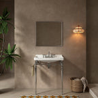28 Inch Console Bathroom Vanity with Ceramic Sink, Open-Frame Stainless Steel Legs with Towel Bar, 3 Faucet Holes, Wall-Mounted Support, No Faucet (Silver Frame | White Sink)