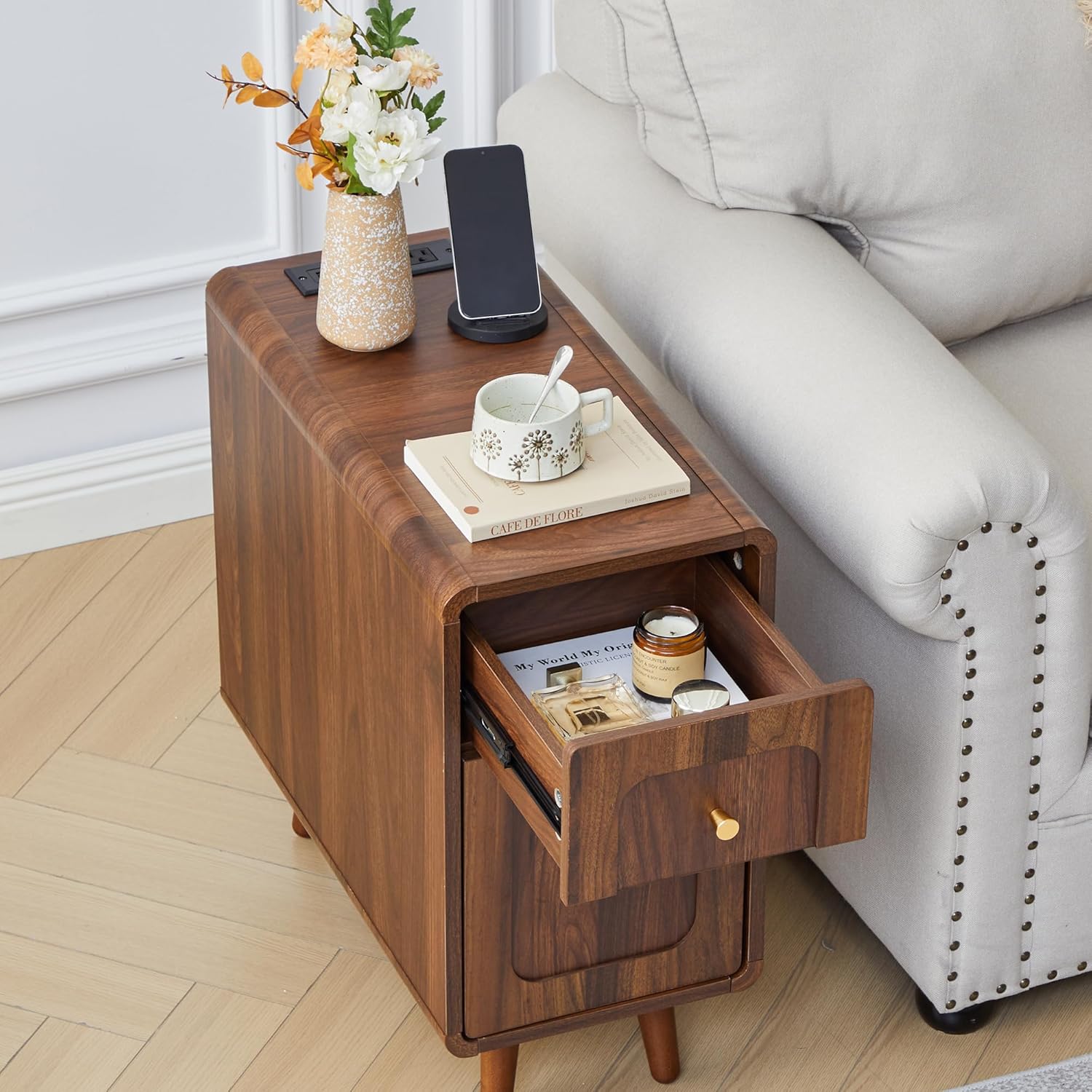 Narrow Side Table, Wood Night Stand with Charging Station, Farmhouse Sofa End Table with Drawer & Storage Cabinet, Slim Nightstand for Small Spaces Living Room Bedroom Office