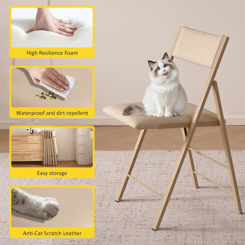 Folding Chairs with Cushion 2 Pack - Heavy Duty Steel Frame Foldable Dining Chairs, Waterproof Leather Indoor Outdoor Comfortable Folding Chairs for Home, Conference Rooms, Weddings, Events (Wood)