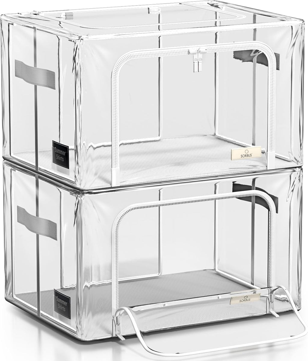 Sorbus Storage Bins with Metal Frame - Stackable & Foldable Clothes Organizer Bags - Clear Soft Plastic Storage Containers (2 Pack, Medium)
