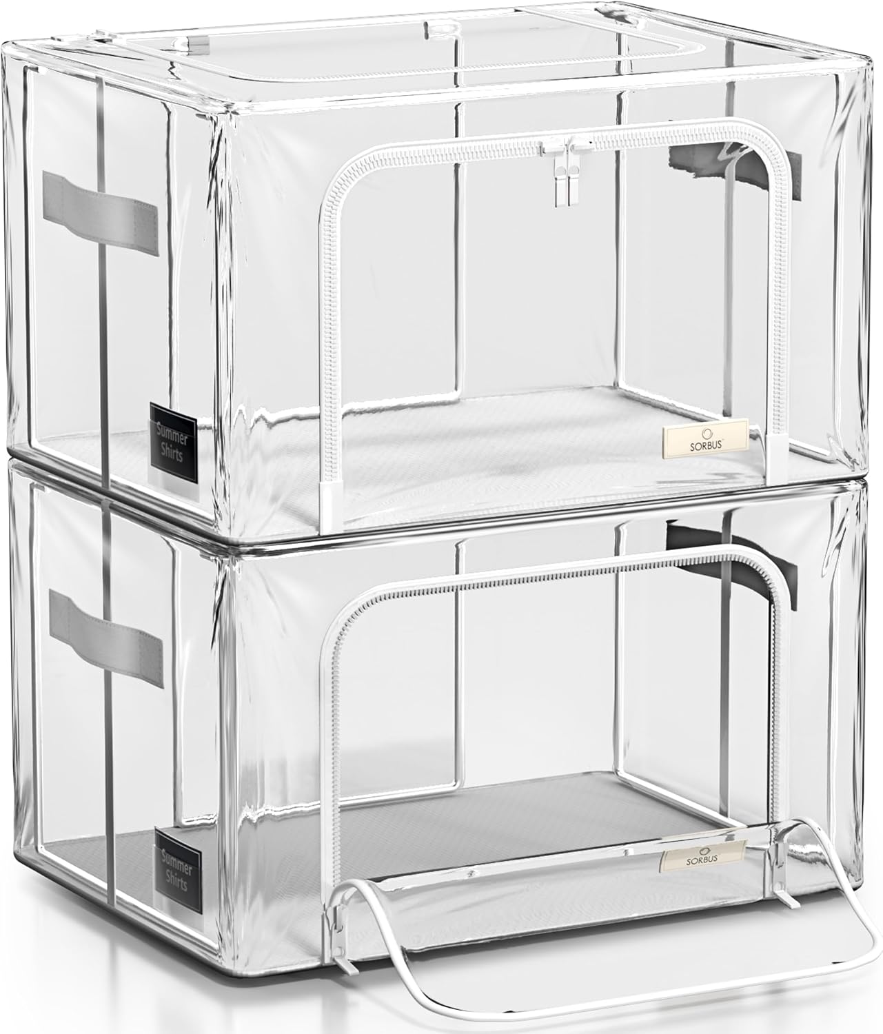 Sorbus Storage Bins with Metal Frame - Stackable & Foldable Clothes Organizer Bags - Clear Soft Plastic Storage Containers (2 Pack, Medium)