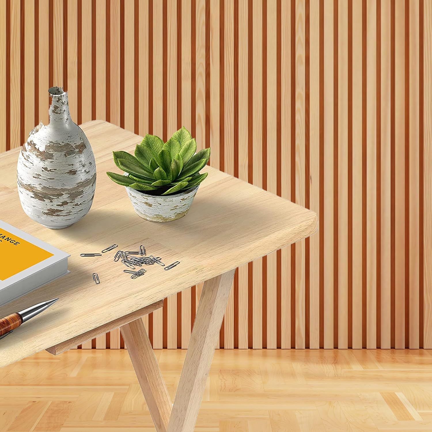 PJ Wood - 5-Pack Folding TV Tray Tables - Wooden Set with Storage Rack | Solid Rubberwood, 19.09 x 14.57 in Surface, 26 in Height, 3 in Collapsed Thickness, Stand Included, Indoor Use