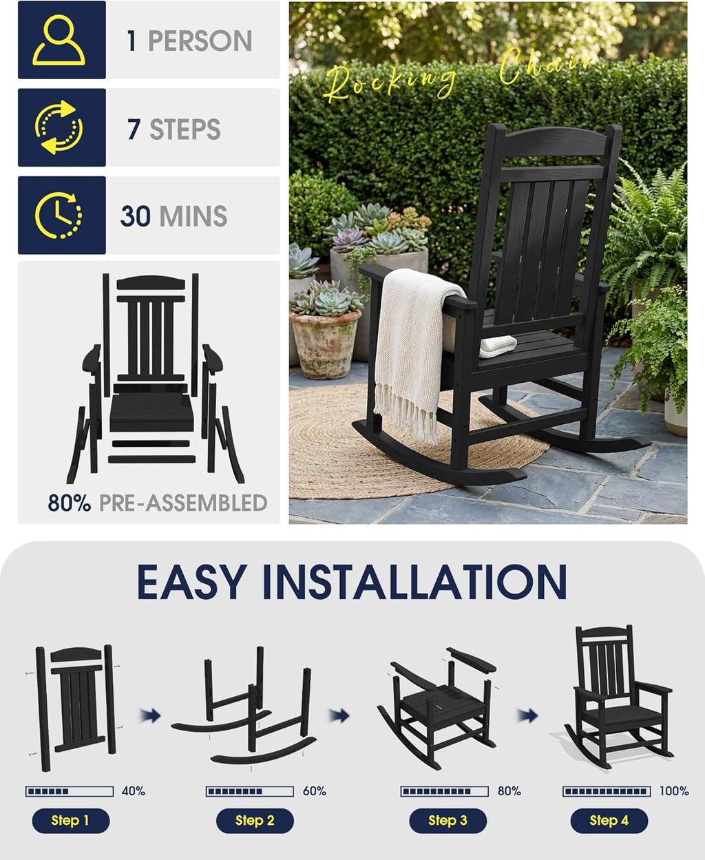 KINGYES Oversized Outdoor Rocking Chair Set of 2, High Density Polyethylene Patio Rocking Chairs with 350lbs Support for Adults,Porch Recliner Rocker, Black