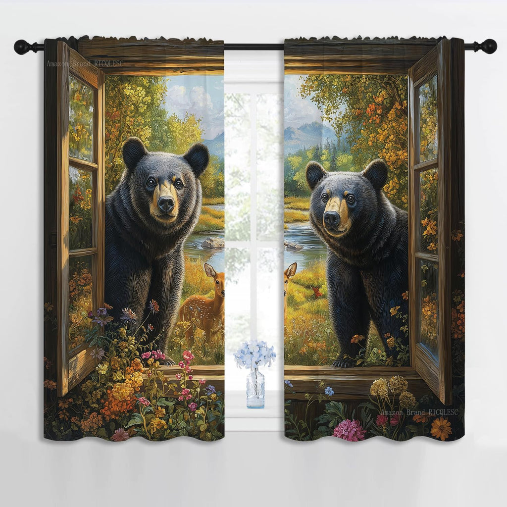 Black Bear Boy Girls Blackout Curtains, Country Farmhouse Hunting Cabin Animal Rustic Farm Nature Landscape, 2 Panel Rod Pocket Thermal Insulated Drapes for Bedroom Living Kids Room Deco 42x45 inch