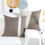 Set of 2 Khaki Linen Pillow Covers 18x18 inch with Patchwork Stripe Square Cushion Cases Soft Comfortable Farmhouse Pillow Cover for Couch Sofa Chair Bench Patio Living Room Home Decor