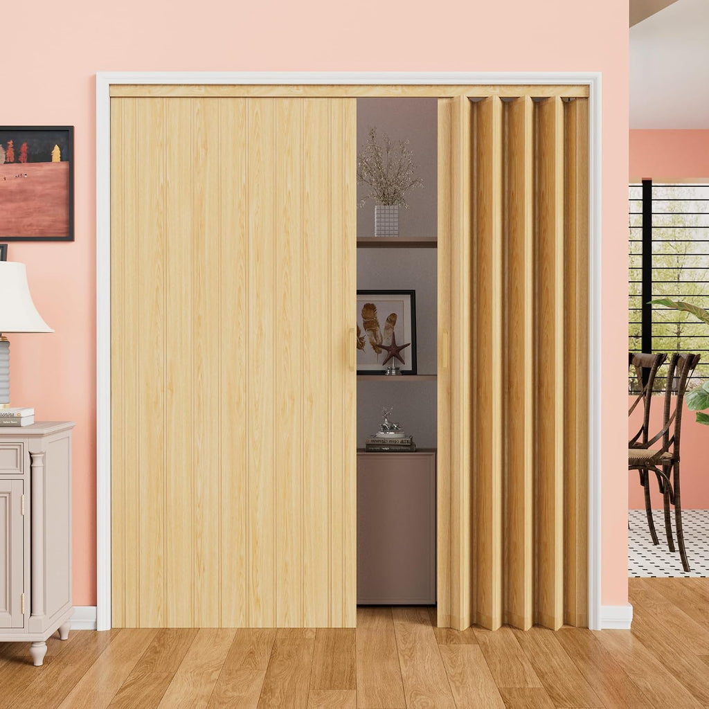 72" x 80" Enhanced Double Walled Interior Accordion Doors, Oak PVC Panel Strong Magnet Folding Closet Door, Space-Saving Bi Fold Doors with Heavy-Duty Nylon Rollers & Upgrated Handle, Easy to Install