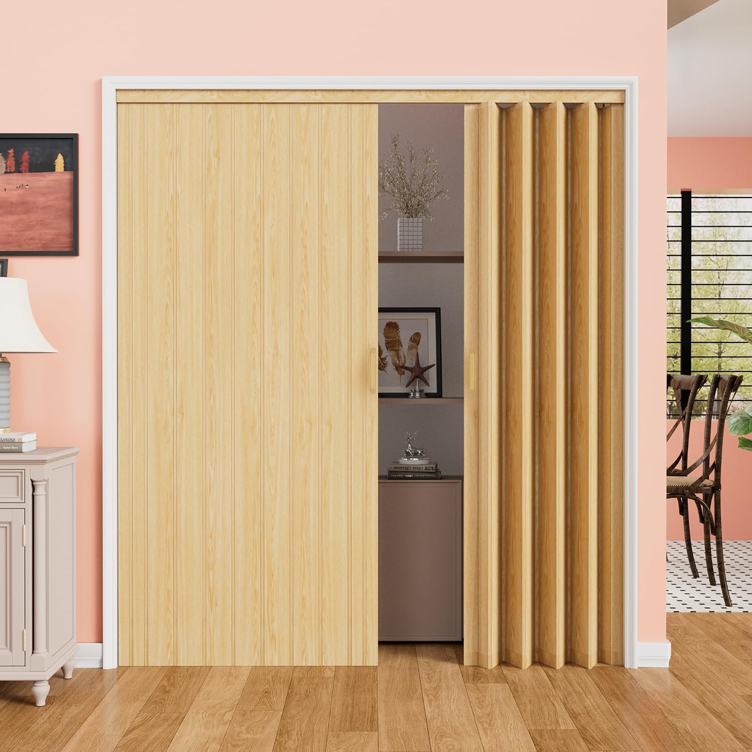 72" x 80" Enhanced Double Walled Interior Accordion Doors, Oak PVC Panel Strong Magnet Folding Closet Door, Space-Saving Bi Fold Doors with Heavy-Duty Nylon Rollers & Upgrated Handle, Easy to Install