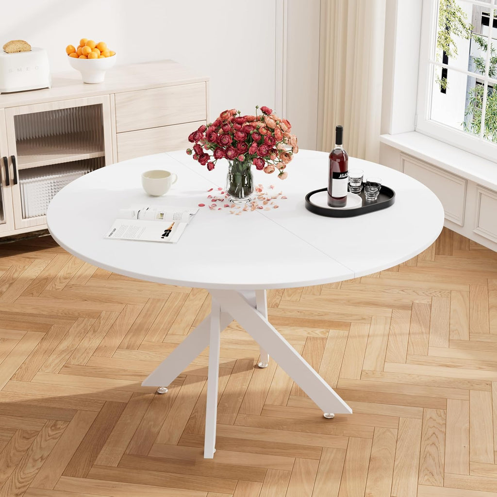 RGZ White Round Dining Table Set for 6, 7 PCS Modern Wooden Circle Kitchen Table with Steel Legs & 6 Beige Velvet Upholstered Chairs, Dinner Table for Dining Room, Living Room, Kitchen