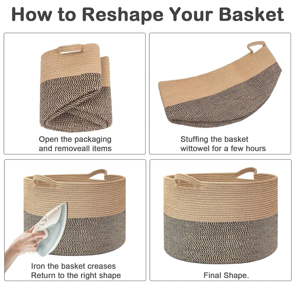 Large Woven Blanket Basket,65L Cotton Rope Laundry Basket Hamper with Handles, Decorative Nursery Basket Storage Bin for Toys, Clothes Organizer, Living Room, Bedroom, Bathroom, White & Brown
