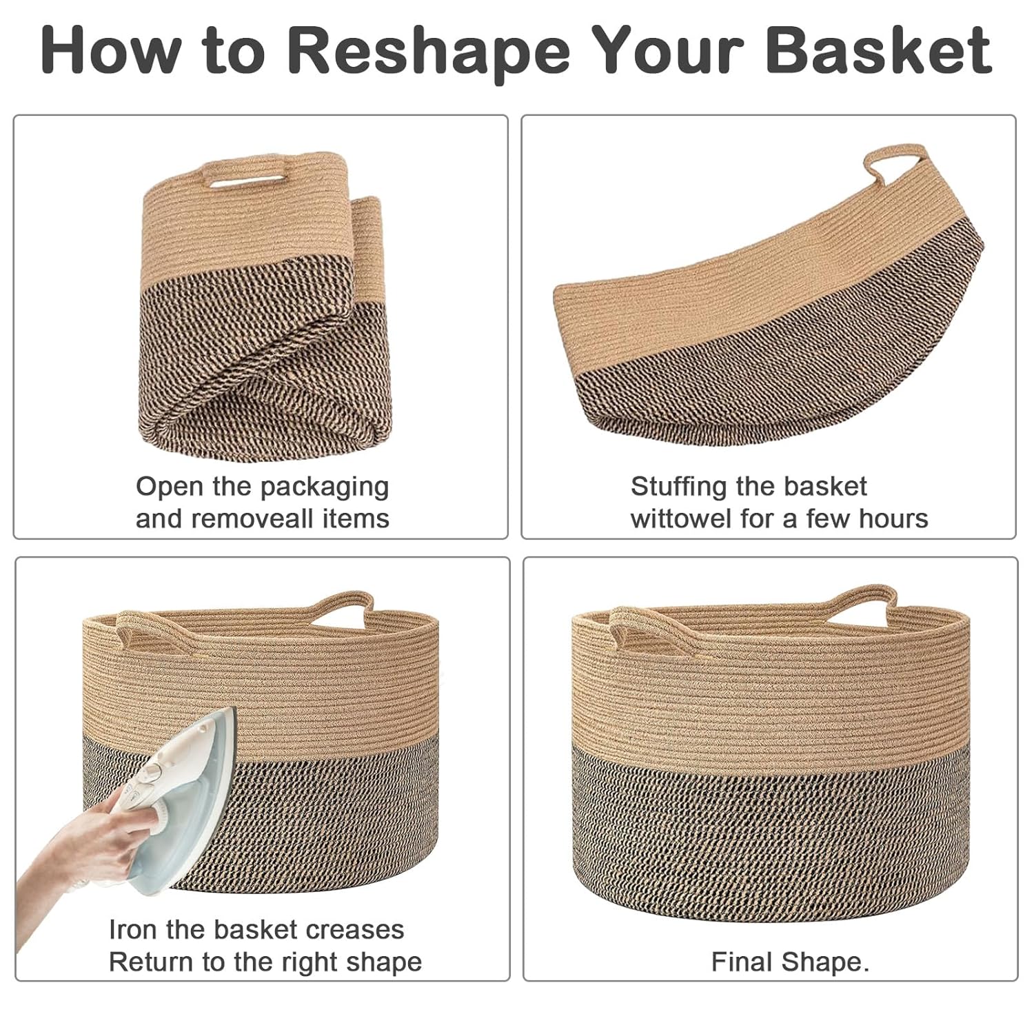 Large Woven Blanket Basket,65L Cotton Rope Laundry Basket Hamper with Handles, Decorative Nursery Basket Storage Bin for Toys, Clothes Organizer, Living Room, Bedroom, Bathroom, White & Brown