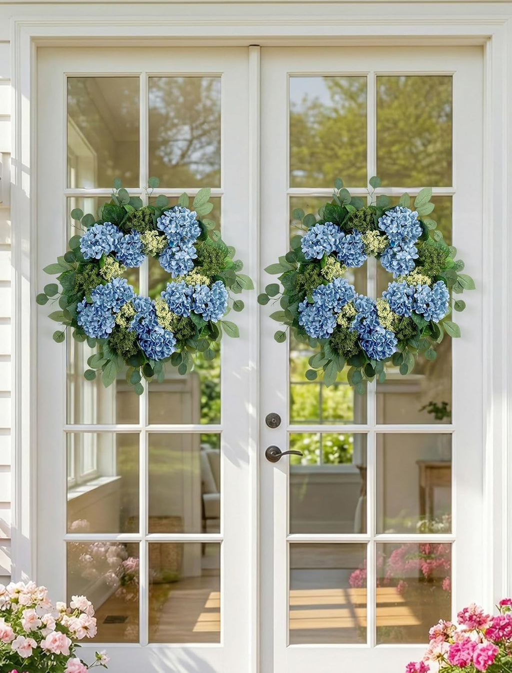 BLOSMON Hydrangea Wreaths for Front Door: 26 Inch Summer Spring Wreath Decorations for Home Outdoor Indoor - Dusty Blue Flower Wreath with Hanger for Outside All Season Wall Window Decor