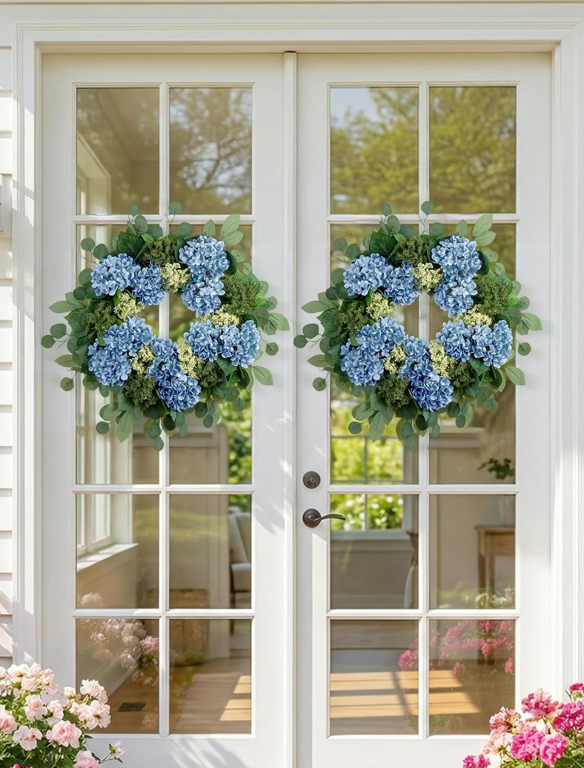 BLOSMON Hydrangea Wreaths for Front Door: 26 Inch Summer Spring Wreath Decorations for Home Outdoor Indoor - Dusty Blue Flower Wreath with Hanger for Outside All Season Wall Window Decor