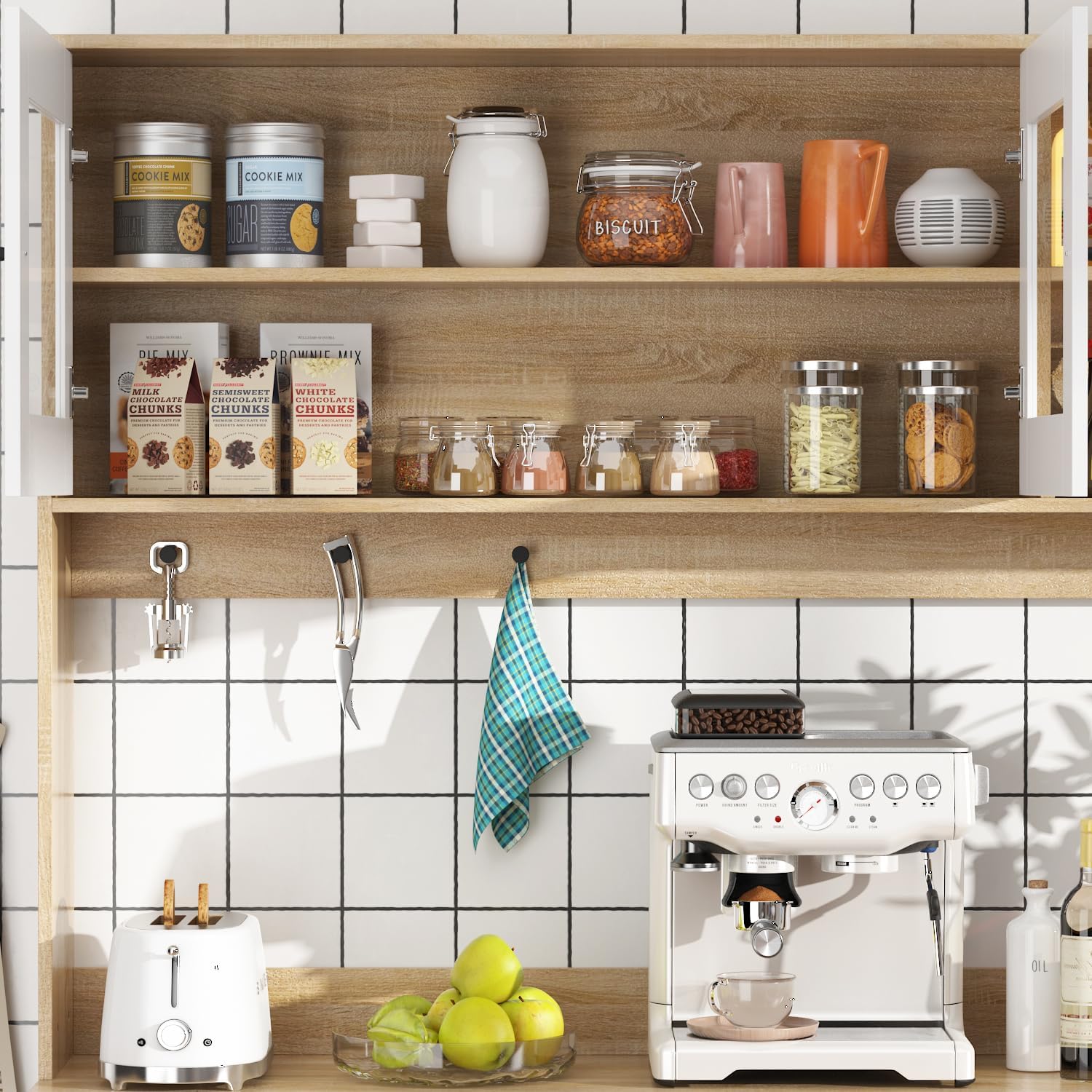 74.8" H Kitchen Pantry with Hutch, Microwave Stand & Hooks, Modern Large Cupboard Storage Cabinet with Glass Doors, 6 Shelves & 4 Drawers for Kitchen Dining Room, White & Brown