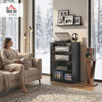 HOMCOM Media Cabinet, 4-Tier Stereo Cabinet for Vinyl Record Player, Gaming Console, AV Record Player Stand with Adjustable Shelves, Push-to-Open Glass Doors and Cable Management, Distressed Black