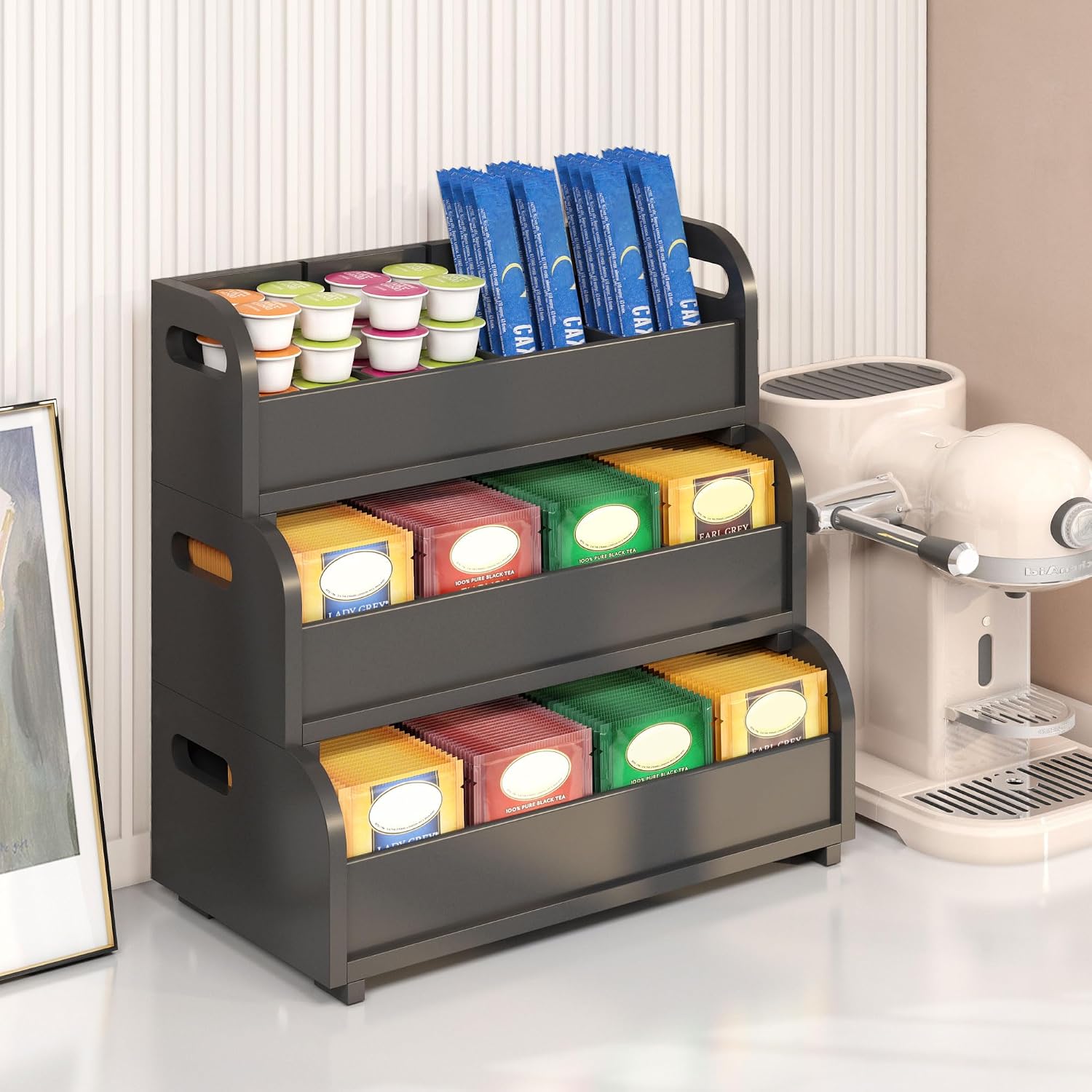 3-Tier Bamboo Tea Bag Organizer, Stackable Tea Holder for Countertop, Black | Tea Box Shelf with Removable Dividers, Wall Mount Large Capacity Tea Organizers and Storage for Pantry Kitchen Office Bar