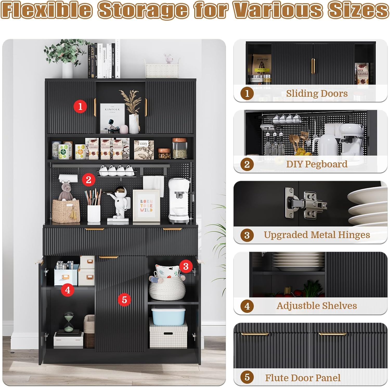 Kitchen Pantry Cabinet with Storage & Pegboard, 71" Tall Hutch Storage Cabinet with Power Outlets, Freestanding Food Pantry with Microwave Stand Spice Rack for Dining Room - Black