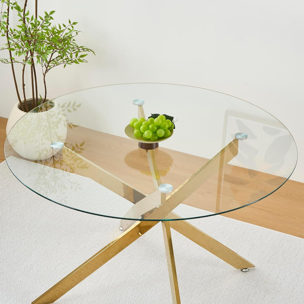 47.2'' Round Glass Dining Table for 4, Glass Round Dining Room Table with X-Shape Metal Legs, Clear Circular Top Gold Kitchen Table for 4, Perfect for Apartment Small Space