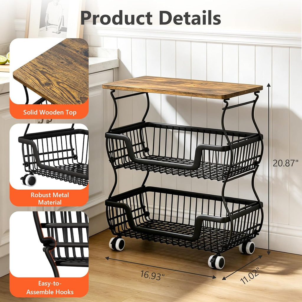 3-Tier Rolling Kitchen Storage Cart Fruit Basket Stand for Vegetables & Snacks Stackable Wire Pantry Floor Organizer with Wheels for Kitchen, Living Room, Bedroom, Office (Black)