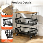 3-Tier Rolling Kitchen Storage Cart Fruit Basket Stand for Vegetables & Snacks Stackable Wire Pantry Floor Organizer with Wheels for Kitchen, Living Room, Bedroom, Office (Black)