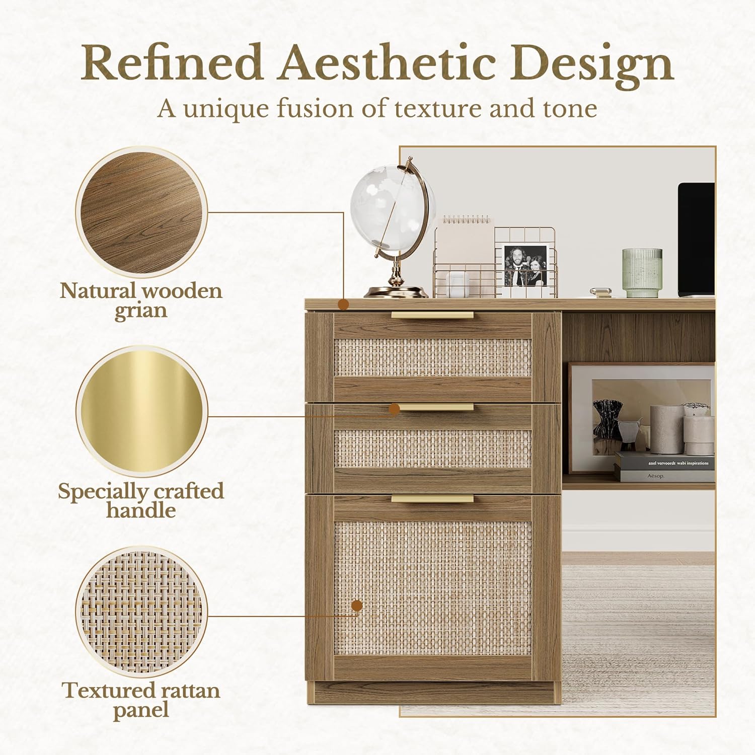 63 Inches L Shaped Standing Desk, Executive Standing Desk with Drawers and File Cabinet, AC/USB, 1.18" Desktop, Multi-Sized Storage Cubby, Privacy Panel, Rattan Computer Desk, Natural Oak