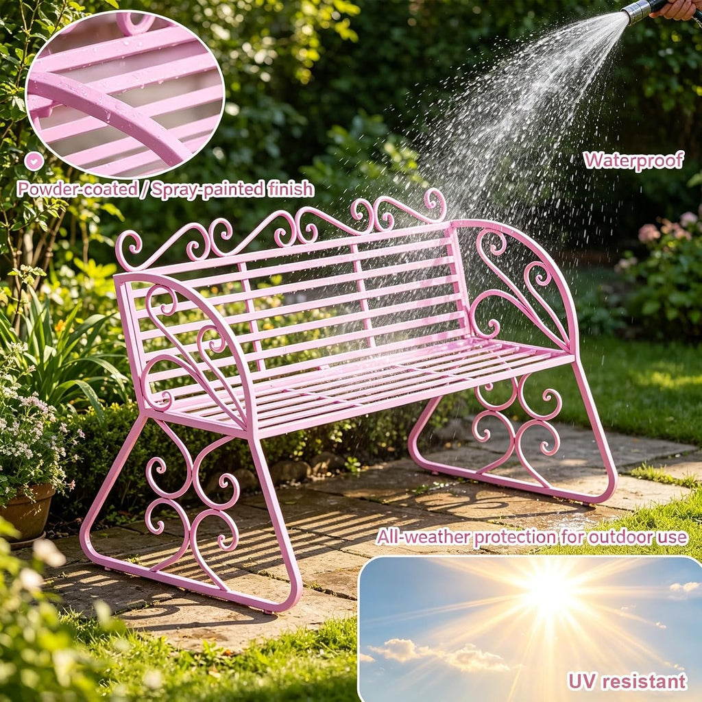Outdoor Garden Bench with Curved Armrests, 440lbs Load Capacity Waterproof Iron Seating, Ideal for Courtyard Park and Porch(Pink)