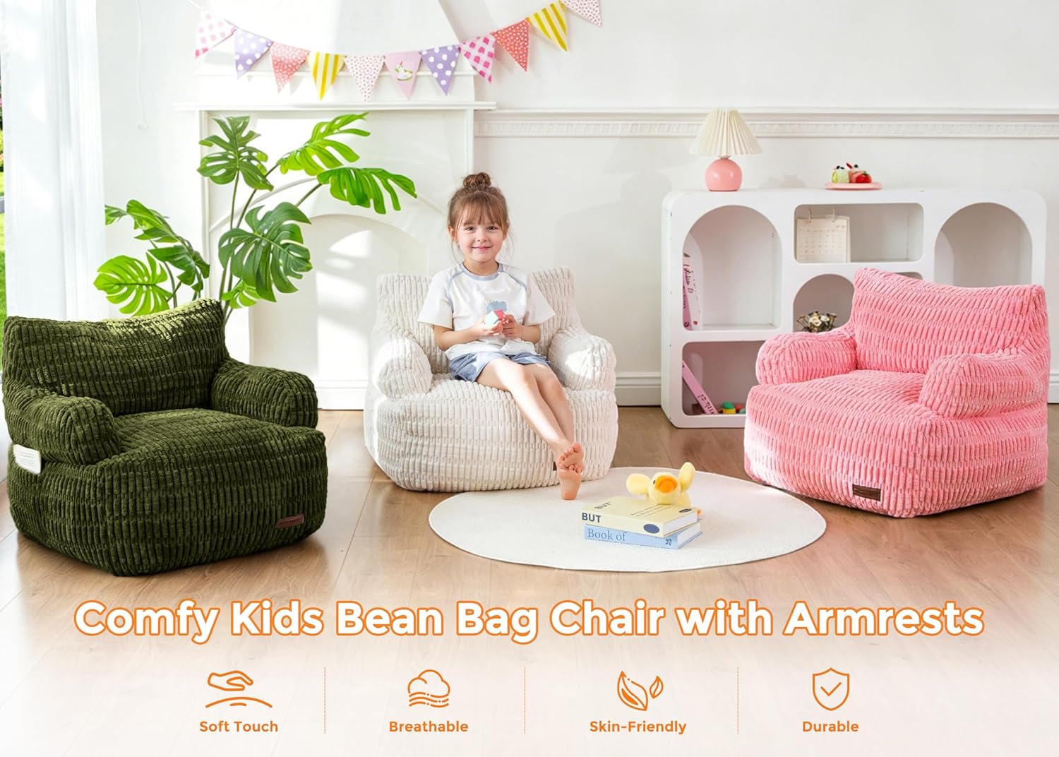 MAXYOYO Bean Bag Chair for Kids, Toddler Bean Bag Sofa with Armrest, Comfy Lazy Chair with Convenient Pockets, Floor Sofa with Filler for Gaming, Reading, Dark Green