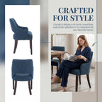 Blue Dining Chairs with Arms Set of 2, Farmhouse Upholstered Linen Dining Chairs, Curved Open Back Kitchen & Dining Room Chairs with Solid Wood Legs and Thick Cushion Seat, Blue