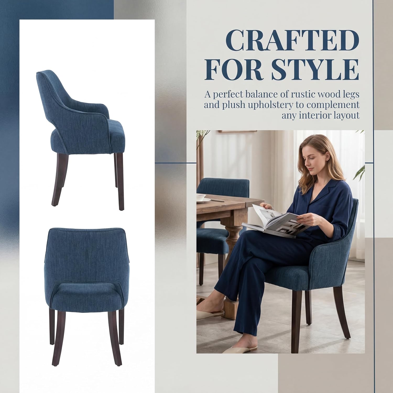Blue Dining Chairs with Arms Set of 2, Farmhouse Upholstered Linen Dining Chairs, Curved Open Back Kitchen & Dining Room Chairs with Solid Wood Legs and Thick Cushion Seat, Blue