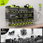 POKIPO Large Power Tool Organizer Wall Mount with Charging Station,4 Layer Heavy Duty Metal Tool Storage Rack Loads 600lbs with 8 Cordless Drill Holder,Battery Utility Rack Loads with 4 Power Strip
