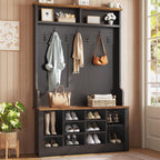 Itaar Hall Tree with Bench and Shoe Storage, 3-in-1 Entryway Bench with Coat Rack, Hall Tree with Adjustable Shoe Storage and Hanging Hooks, White and Brown (Black)