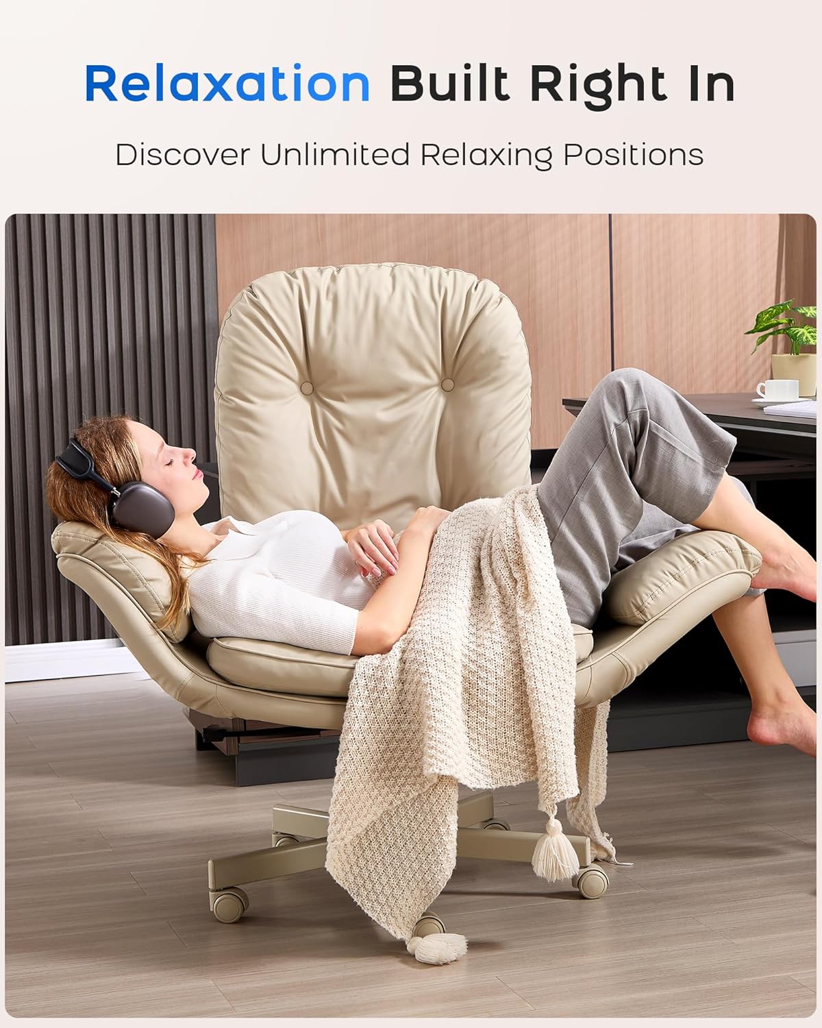 LukkDys Executive Office Chair, Big & Tall 400 lbs Capacity, Wide Seat, PU Leather, 5-Gear Lay-Flat Armrests (90°–180°) for Cross-Legged Comfort, 90–115° Recline, High Back Desk Chair, Beige