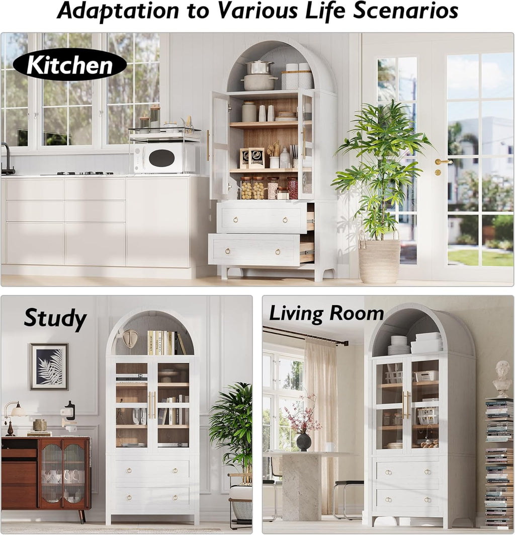 71" Farmhouse Arched Storage Cabinet with Glass Doors, Tall Arched Cabinet with Drawer, Adjustable Shelves & Door Racks, Modern Kitchen Pantry Cupboard, White